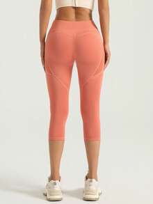 Solid Color Gym Shorts Women's Mid Length Pockets Drawstring Waist Tummy Control Back To School Halloween Outfit - Coral Pink - View 4