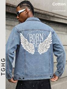 Light Blue Denim Jacket With White Wing Graphic On Front And "BORN FREE" Print On Back, Long Sleeve, Lapel Collar, Button Front Closure, Pockets, Y2K Style - Light Denim Blue - View 1