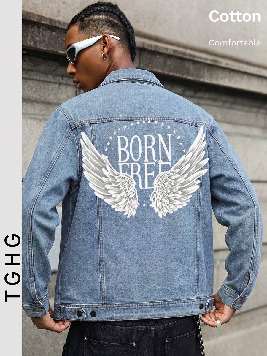 Light Blue Denim Jacket With White Wing Graphic On Front And "BORN FREE" Print On Back, Long Sleeve, Lapel Collar, Button Front Closure, Pockets, Y2K Style - Light Denim Blue - View 1