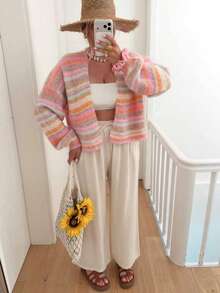 Women's Colorblock Striped Single-Breasted Casual Daily Cardigan - Pink - View 5