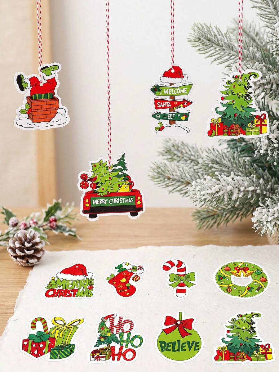 12pcs Fun Vintage Christmas Paper Hanging Ornaments With String, Christmas Tree Truck Wreath Candy Cane, Christmas Photo Frame Decor, Classroom Christmas Supplies, Merry Christmas Home Decor, Christmas Decorations, Merry Christmas, Baby Christmas Birthday Party, Baby Shower