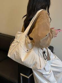Solid Color Large Capacity Nylon Fabric Shoulder Tote Shopping Bag, Multi-Pocket Design, Mother's Day Gift For Mom, Commute Travel Minimalist Fashion Versatile - Beige - View 10