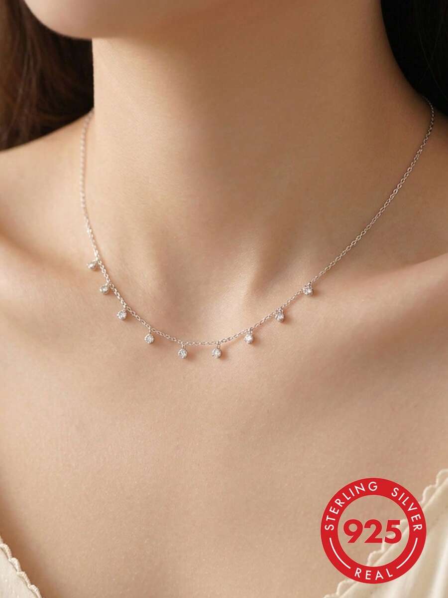 925 Sterling Silver Starry Sky Zirconia Teardrop Necklace For Women, Simple Classic Fashion Luxury Delicate Elegant - Silver - View 1
