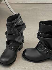 Women's Black Rivet Belt Pleated PU Comfortable Flat Thick Heel Classic Retro Boots Suitable For Outdoor Walking - Black - View 4