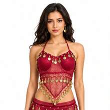 Women Halter Sequin Mesh Belly Dance Crop Top, Gold Coin Fringe Dangling Beads Performance Costume Top For Rave Festival Club Halloween, Multiple Colors Available - Multicolor - View 9