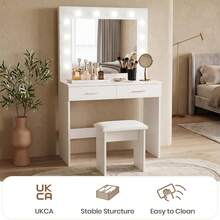 White Dressing Table Set With LED Lights Mirror, Vanity Makeup Table 2 Large Drawers And Stool - 白色 - 查看 5