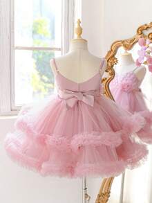 Young Girl Spaghetti Strap Beaded Lace Mesh Elegant Piano Ball Puff Princess Dress Suitable For Flower Girl Wedding Banquet Party Christmas Dress, Faux Pearl Randomly Studded - Dusty Pink - View 4