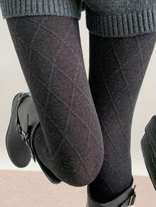 1pc Vintage Black Diamond Pattern Knitted Tights, Textured Diamond Grid Versatile Slimming Thickened Autumn/Winter Base Layer - Multicolor - View 3