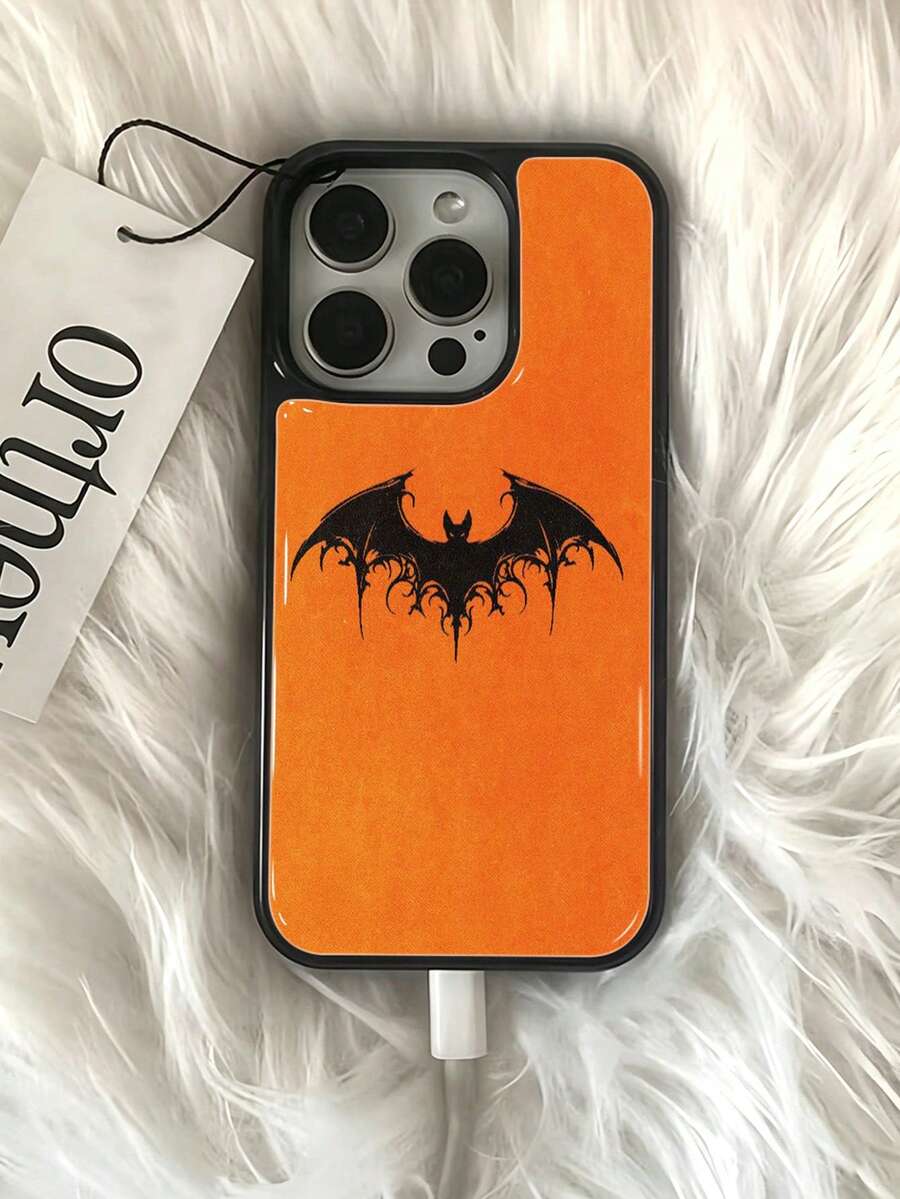 1pc Halloween Orange Background Gothic Black Bat Vintage Pattern Print Black Edge Drip Glue Lens Raised Full Coverage Shockproof Protective Phone Case No Accessories Multi-Model Compatible Dark Subculture Y2K Hot Girl Holiday Vibe Protective Cover - Black - View 1