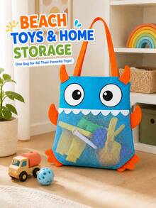 1pc Kids Beach Toy Bag, Large Foldable Mesh Tote, Cute Monster Sand Filter Storage Bag, Suitable For Beach, Pool, Bath And Indoor Toys - Blue - View 3
