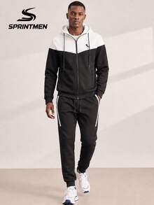 2pcs Black And White Colorblock Hooded Men's Jacket Set, Casual Sports Men's Outfit, Comfortable Long Sleeve Jacket And Pants Two Pieces Set, Men's Zipper Cardigan Jacket With Sports Pants, Side Zipper Pocket Design, Machine Washable, Suitable For Daily Commute And Travel - Black - View 2