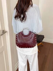 Solid Color Rivet Decoration Handbag, Minimalist And Fashionable Versatile Shoulder Crossbody Retro Armpit Bag, For Daily Commuting Use - Burgundy - View 6