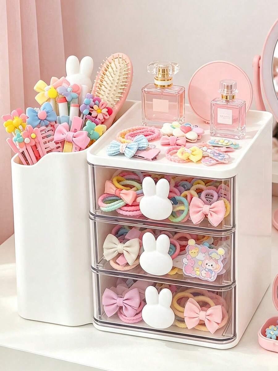 1pc Rabbit Ear Drawer Style Children's Hair Accessories Storage Box - White - View 1