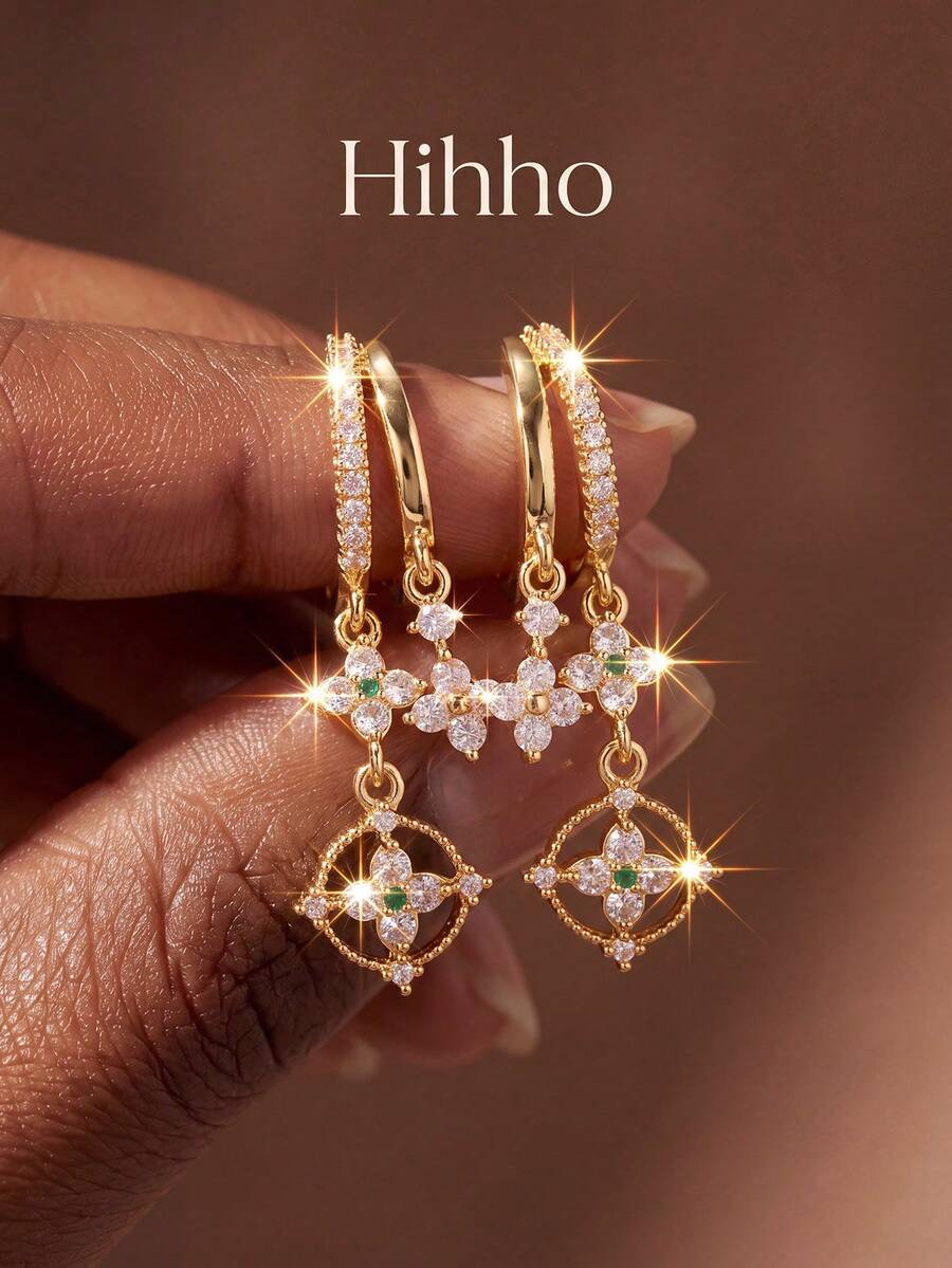 Hihho 2pcs French Vintage Style Full Rhinestone Double Layer Flower Emerald Green Gemstone Stud Earrings For Women, Commuter Atmosphere - Double Flower Pendant - View 1