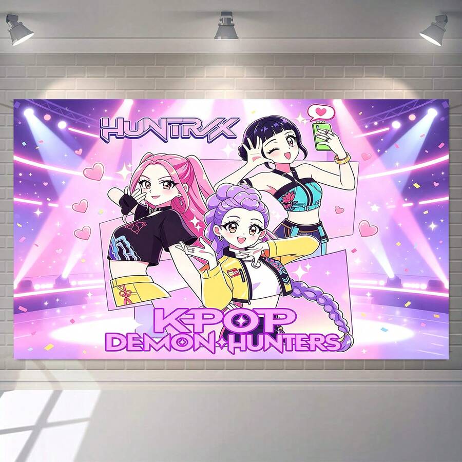 WPETLE K-Pop DemonHunters Collage Comic Style Backdrop, Purple & Pink Stage Spotlight Photo Background, Girl Theme Party Wall Decor - Multicolor - View 1