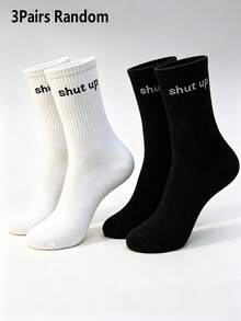 1/3/5 Pairs Of Men's Black-And-White English Slogans Socks Personalized Letters Sports Leisure Socks Suitable For Daily Wear. - Black and White - View 9