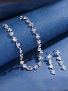 Set Perhiasan 3pcs Minimalis Kalung & Anting-Anting Bentuk Tetesan Air dengan Rhinestone, Cocok untuk Wanita, Acara Pernikahan, Ulang Tahun, Hari Jadi, Pesta - Perak - View 3