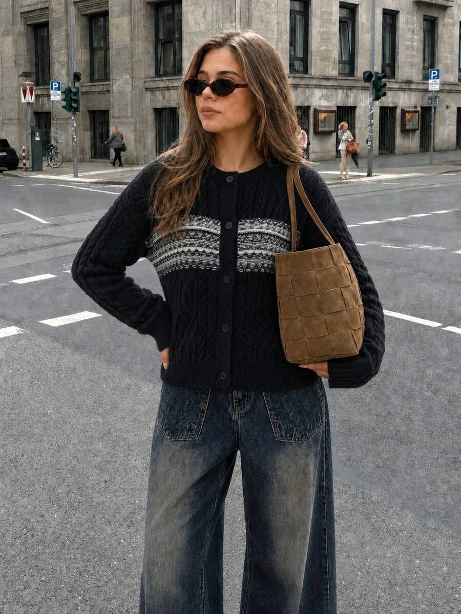 Women's Autumn/Winter New Vintage Preppy Style Cable Knit Contrast Color Cardigan, Round Neck Single-Breasted Loose Knit - Black - View 1