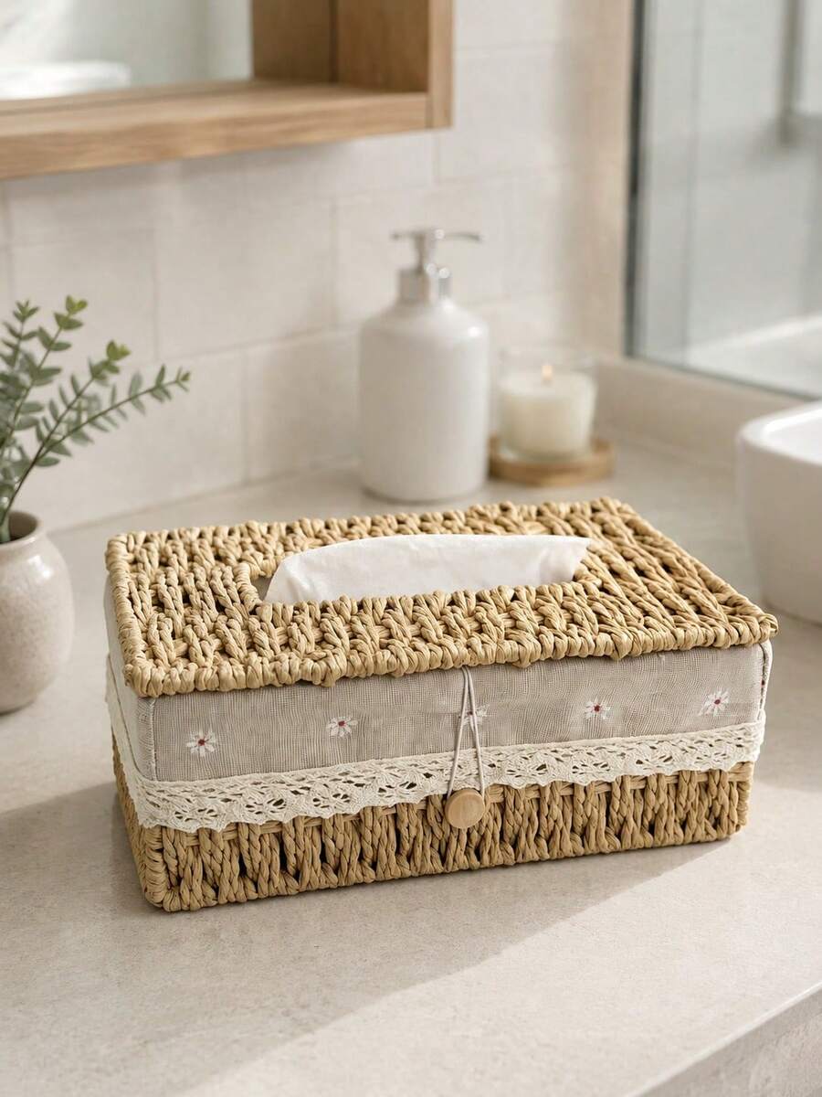 A Rectangular Tissue Box With A Woven Strap Cover, Bohemian Style Decorative Woven Tissue Box Holder, Suitable For Bathroom, Bedroom, Shelves, Living Room, Tissue Storage Container, Perfect For Home, Restaurant, Hotel - Multicolor - View 1