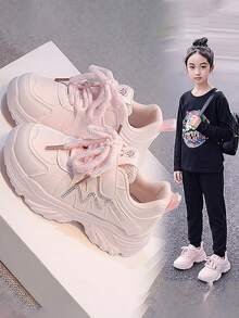 New Girls' Cute Bear Decor Chunky Sneakers, Hook & Loop Soft Sole Versatile Casual White Sneakers For Daily Wear - Pink - View 2