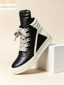 Men's High-Top Platform Sneakers Chunky Skate Shoes Retro Casual Walking Trainers With Easy-Clean Leather, Unisex Couple Style, Back To School Streetwear Essential - 黑色 - 查看 1