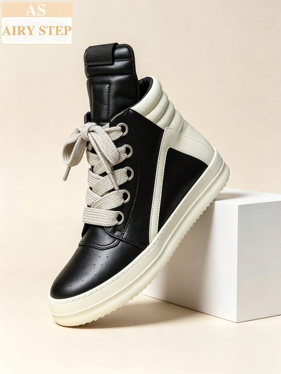 Men's High-Top Platform Sneakers Chunky Skate Shoes Retro Casual Walking Trainers With Easy-Clean Leather, Unisex Couple Style, Back To School Streetwear Essential - 黑色 - 查看 1
