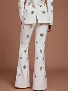 Elegant Women 2 Pcs Set,Fitted Rhinestone Embellished Blazer And Flared Pants,Formal Outfit For Evening Party Prom Business Occasion - White - View 4
