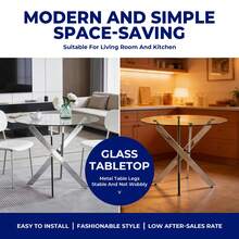 Dining Table With Cross Metal Leg And Tempered Glass, Modern Space-Saving Kitchen Table For Living Room,  Legs, Round Table, Silver Legs, 80x80x75cm - 銀色 - 查看 3