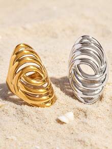 Uself 2pcs/1pc Geometric Spiral Stacked Chunky Stainless Steel Ring, Thick Statement Ring For Daily Wear And Party Jewelry, Charming Jewelry - Multicolor - View 3