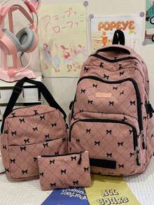 Set de 3 piezas de mochila, mochila grande + bolso cruzado + monedero, patrón de lazo, tela suave, correa de hombro ajustable, gran capacidad, adecuado para el desplazamiento diario en el campus - Rosa - Ver 5