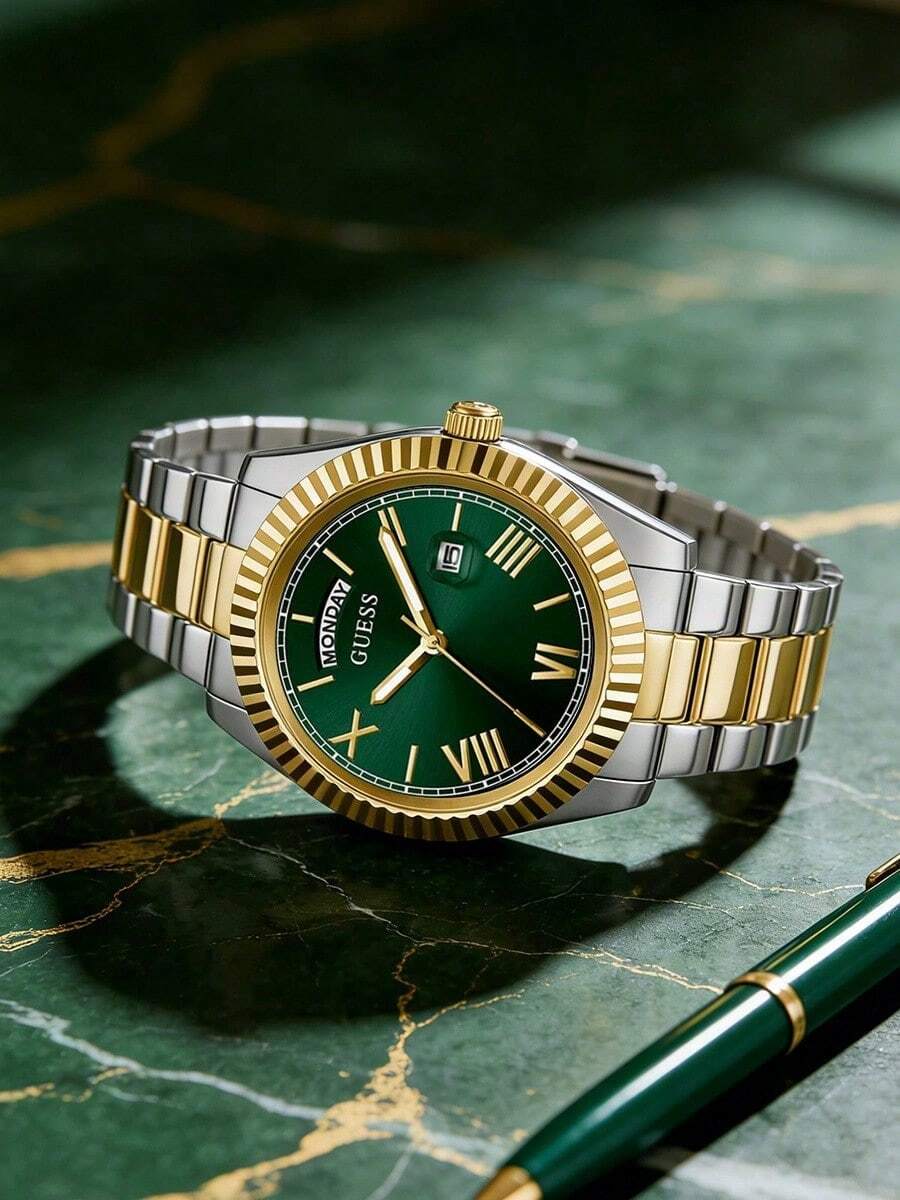 GUESS Men's Two-Tone Stainless Steel Quartz Watch Green Radial Dial Date Display Wristwatch GW0265G8 - one-size - View 1