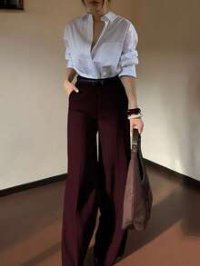 DONICY Fashionable Elegant Women's Spring/Summer Beige Linen Blend High Waist Tie Wide Leg Pants, Loose And Comfortable - Burgundy - View 8