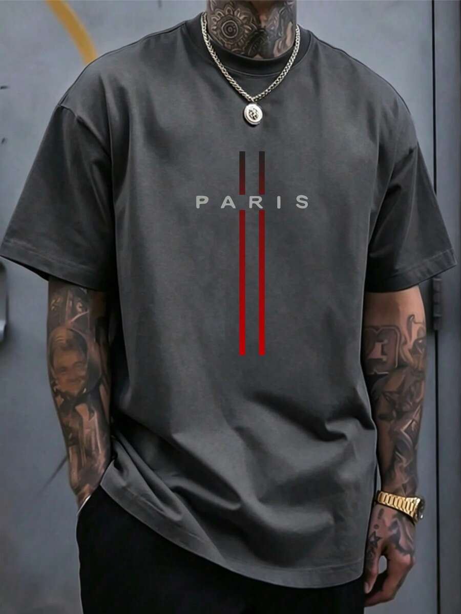 Plus Size Streetwear Sports Style PARIS Print T-Shirt, Summer Men's Basketball Running Training Casual T-Shirt - Dark Grey - View 1