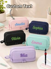 Personalized Name Pencil Case, Custom Text Large Capacity Double Layer Pen Pouch With Multiple Compartments And Carry Handle, Portable Stationery Organizer And Cosmetic Storage Bag For Women, College, Office, Travel, Birthday And Back To School Gift - Multicolor - View 9