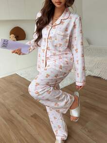 2pcs/Set Women's Autumn/Winter Plaid Heart & Bear Print Lapel Long Sleeve Top And Pants Pajama Set - Pink - View 3