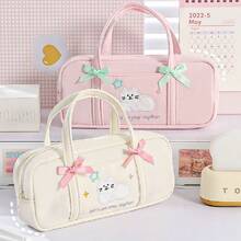 2pcs, Simple Handheld Cat Pencil Bag Zipper Double Bow Stationery Storage Bag Cosmetic Storage Bag Durable Desktop Pen Bag Student Back To School Office Stationery Storage Bag - Pencil Case - View 1