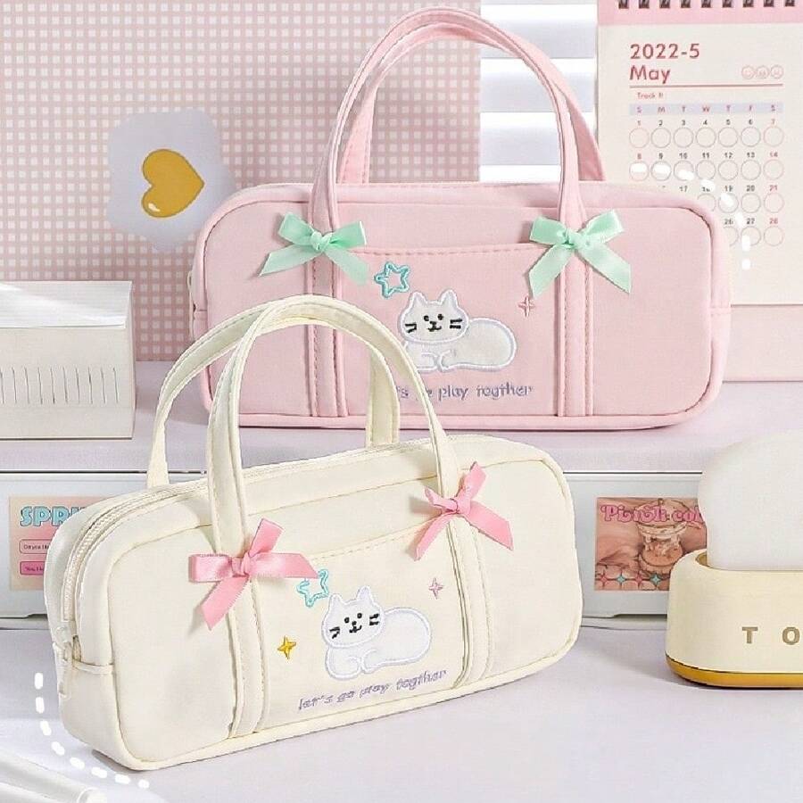 2pcs, Simple Handheld Cat Pencil Bag Zipper Double Bow Stationery Storage Bag Cosmetic Storage Bag Durable Desktop Pen Bag Student Back To School Office Stationery Storage Bag - Pencil Case - View 1