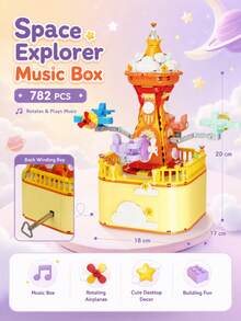 1pc 782/836 PCS Mechanical Wind-Up Building Block Music Box, 2 Styles Available, Rotates While Playing Music, Dream Carousel & Space Explorer Small Blocks Toy, Desktop Display Decor, Gift Idea - Clear - View 6