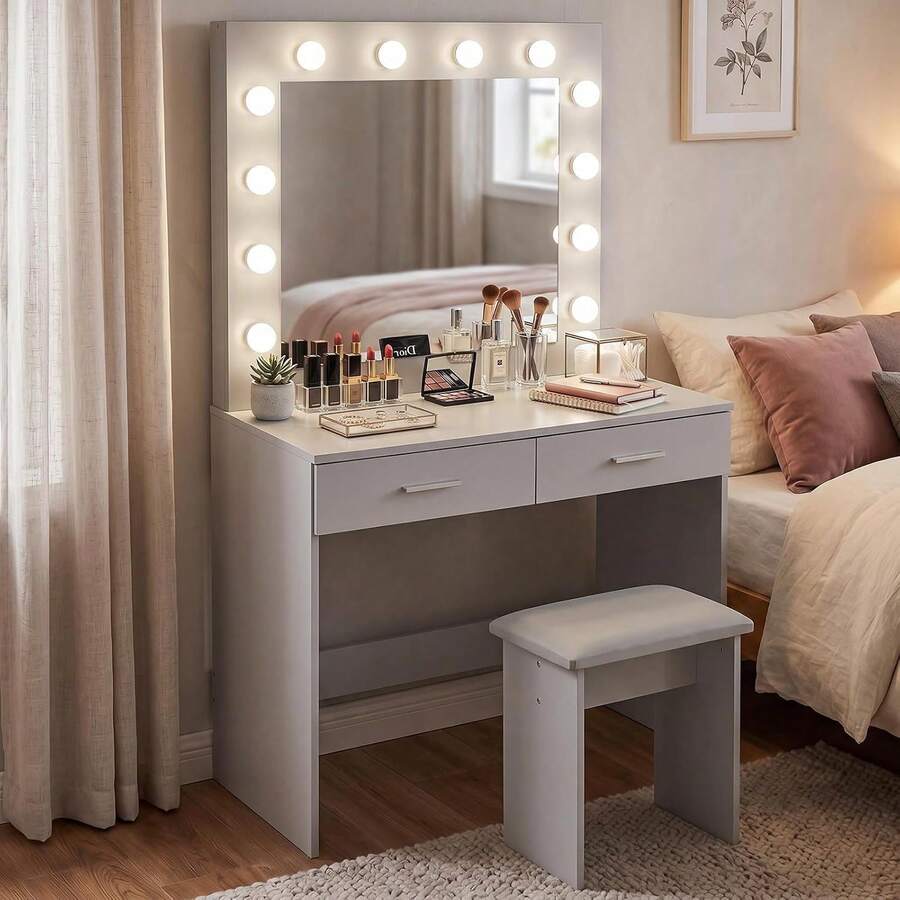 Jooli H Dressing Table Set With LED Lights Mirror, Vanity Makeup Table 2 Large Drawers And Stool, Grey
