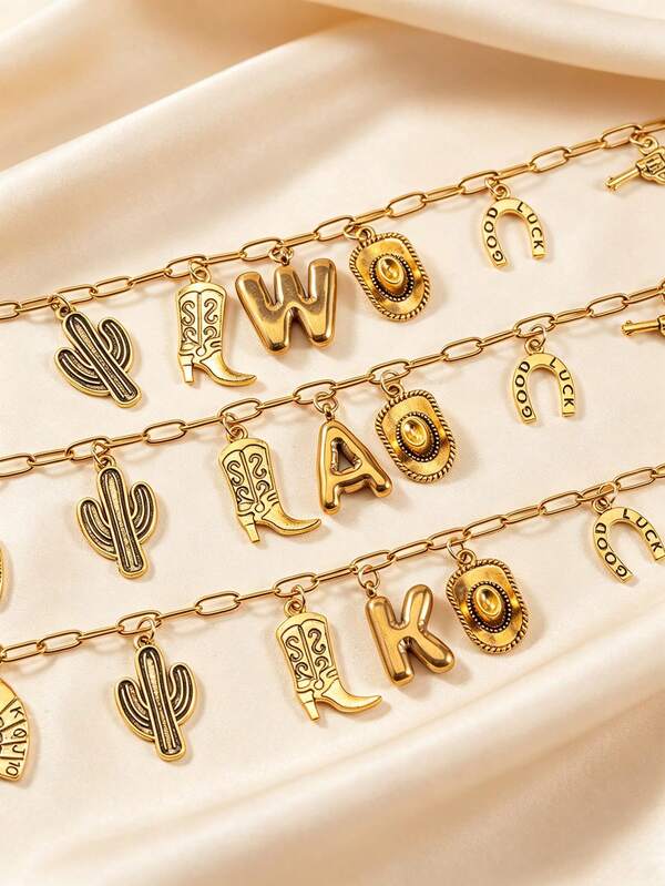 1 Pulsera Vintage de Mujer con 26 Letras, Charm de Cactus y Bota Vaquera – Accesorio de Moda para Fiestas, Vacaciones y Viajes