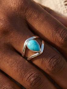 Boho Vintage Artificial Turquoise Inlaid Wrap Rings Suitable For Both Men And Women Daily Vacation Gift From A Best Friend - Silver - View 2