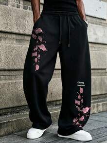 SU ER Men's Summer Casual Drawstring Elastic Waist Loose Draped Lazy Wide Leg Curved Hem Long Pants - Black - View 1
