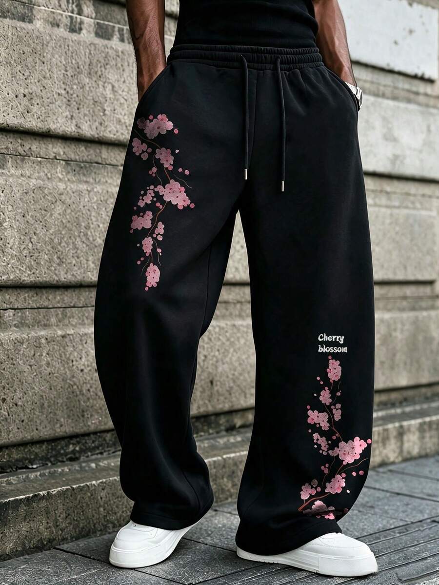 SU ER Men's Summer Casual Drawstring Elastic Waist Loose Draped Lazy Wide Leg Curved Hem Long Pants - Black - View 1