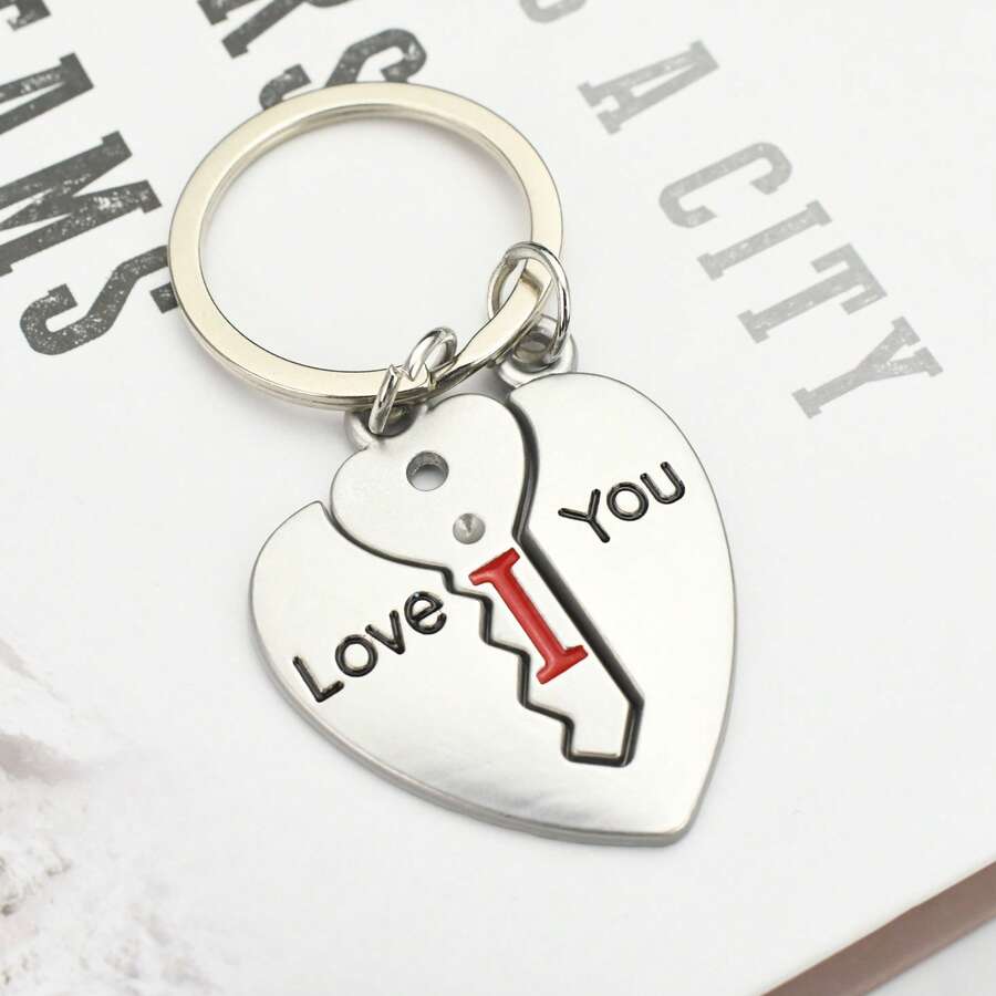 Llavero a juego con candado y llave en forma de corazón grabado "I Love You", accesorio de pareja con corazón roto de aleación plateada, regalo dulce para parejas enamoradas, lindo llavero de amor con corazón dividido, colgante de llave en forma de corazón, decoración de llave de coche para parejas, regalo de confesión y aniversario del Día de San Valentín - Plateado - Ver 1