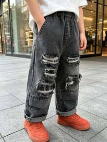 Boys' Loose Distressed Straight Leg Denim Jeans, Autumn Casual Long Pants For Daily, School, Outdoor Wear - Dark Grey - View 4