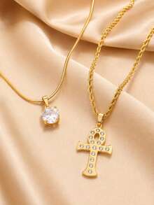 2pcs/Set Women's Vintage Premium Gold-Plated Layered Necklace, Sparkling Single Diamond & Rhinestone Ankh Life Symbol Cross Pendant, Egyptian Style Amulet Collarbone Chain, Versatile For Daily Wear - Gold - View 3