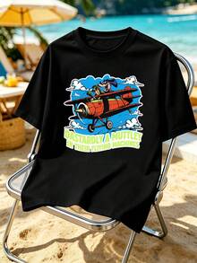 Vintage Cartoon Airplane Men's T-Shirt, Crew Neck, Relaxed Fit, Casual, Graphic Design. - Black - View 2