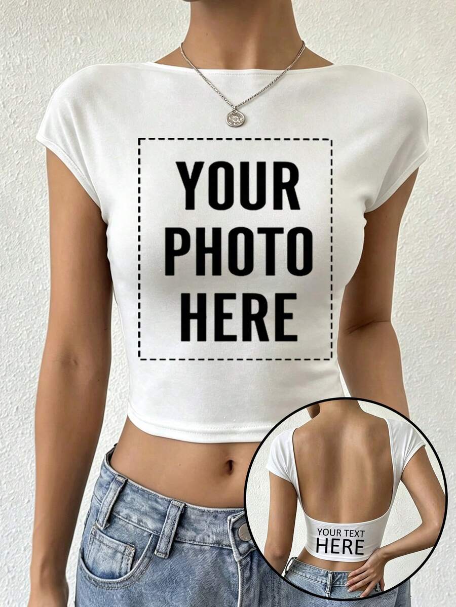 Double Sided Print Open Back Women Crop Tee, Y2K DIY Custom Photo T-Shirt,Add Texts & Photos: Couple, Family, Selfie, Pet & Friend Shots,Birthday Gift - White - View 1