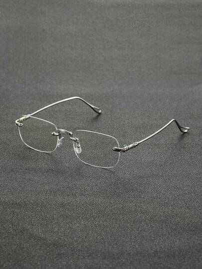 1 Pair Of Frameless Rectangular Men's Glasses Featuring A Minimalist, Fashionable Design And Clear Lenses; A Stylish Accessory Suitable For Various Occasions Such As Daily Life, Street Style, The Office, Reading, Watching TV, Gaming, And Business Casual Settings.
