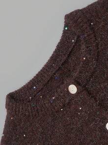 Nicenter Women's Round Neck Casual Autumn/Winter Cardigan, Short Ribbed Hem Sequin Decor Wool Blend Sweater, Women's Autumn Outfit, Suitable For Daily Shopping, Dating, Christmas, Halloween - Chocolate Brown - View 4
